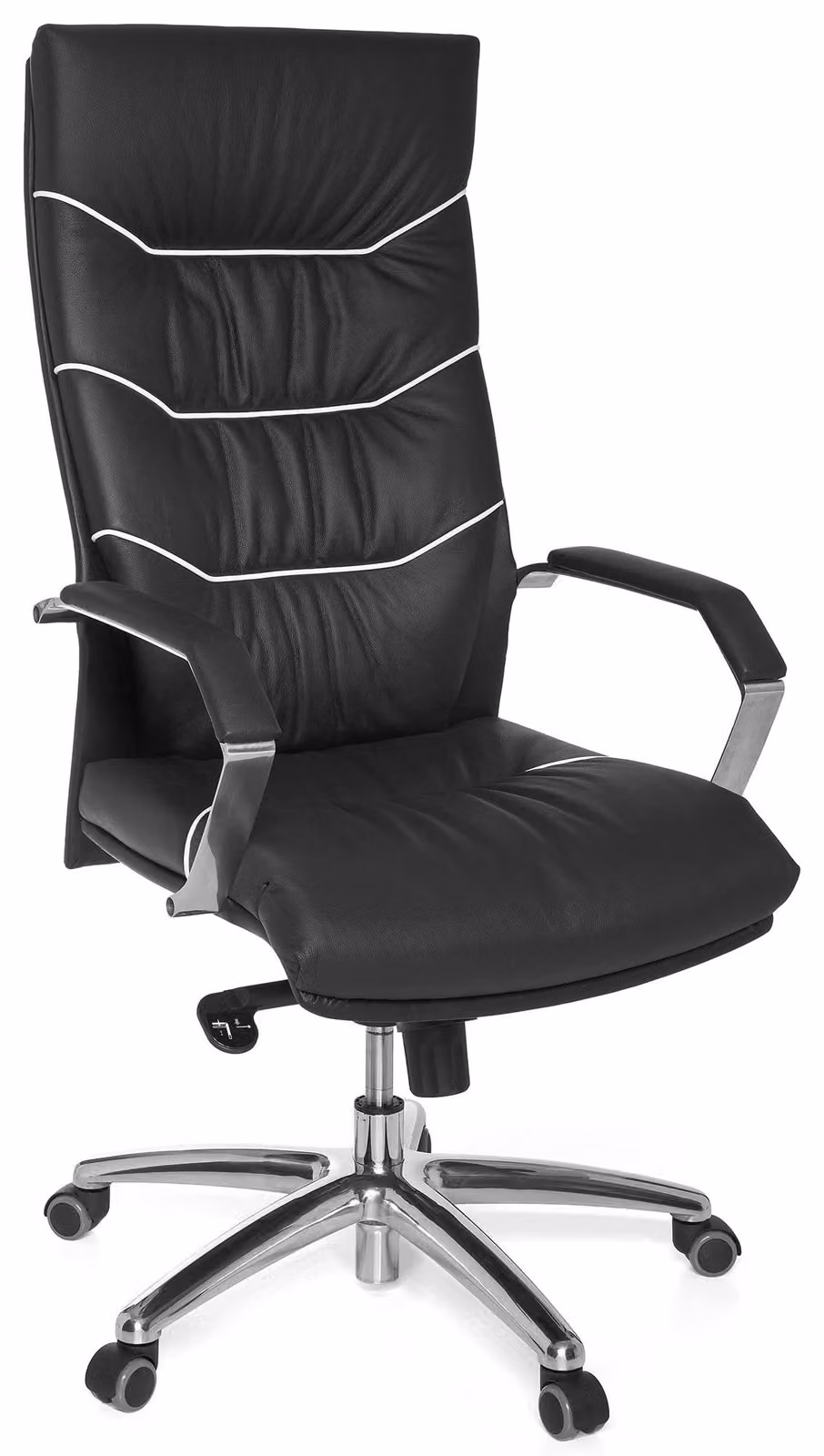 Sedia da ufficio in pelle nera, schienale alto ed ergonomica, larghezza 55 cm, struttura in metallo, adatta per adulti
