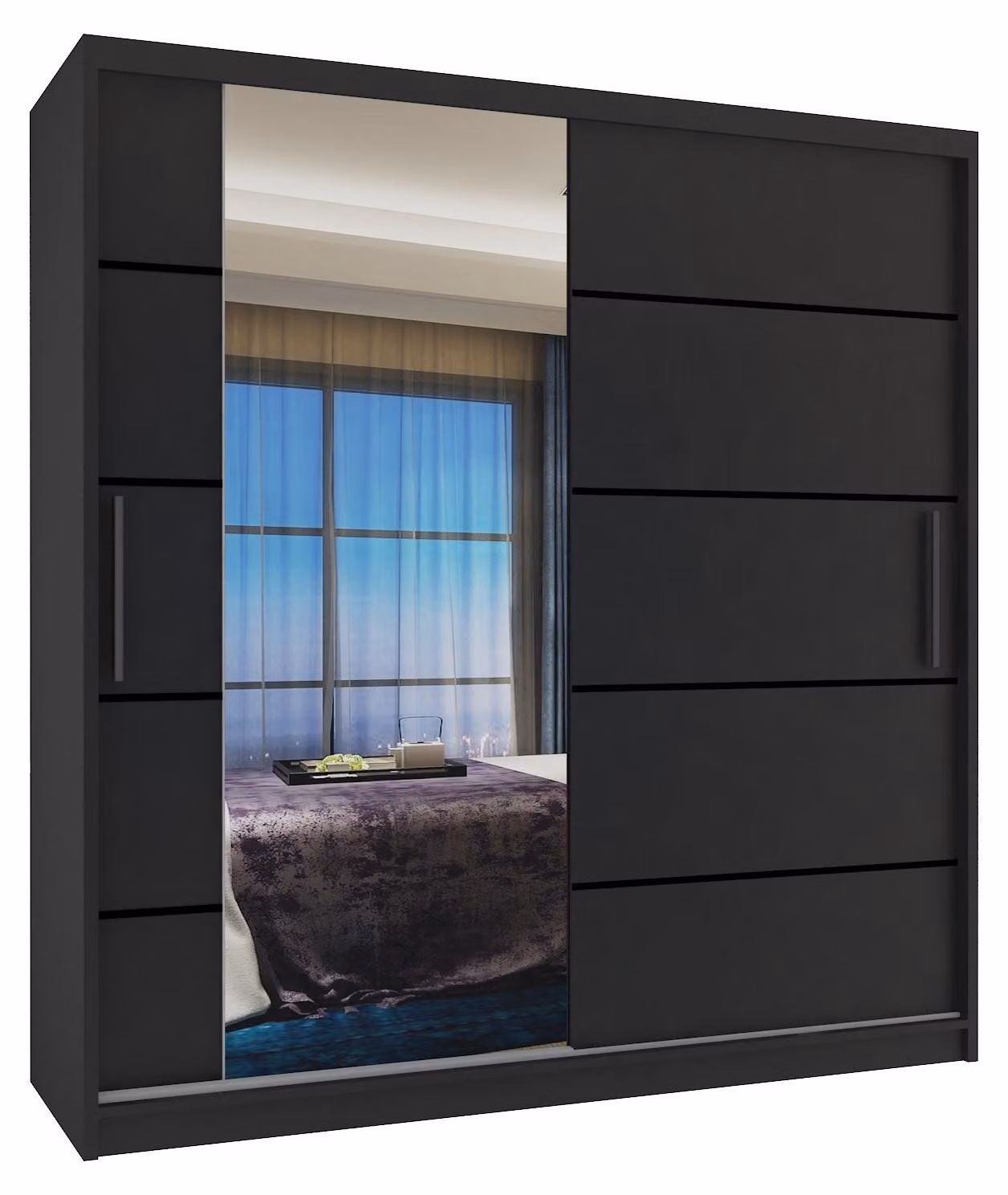 BELINI Verona, armadio scorrevole da 158 cm, nero opaco - armadio con specchio e 2 cassetti, ideale per la camera da letto