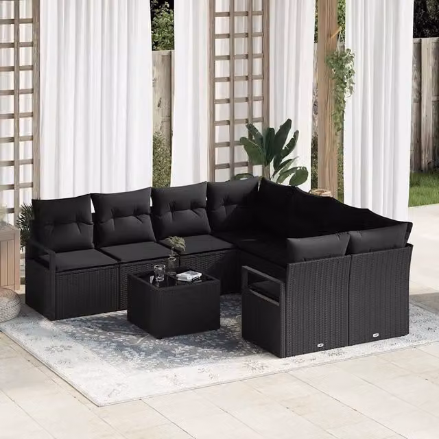 Set di divani 9 pz 8-Numero di posti Nero Polyrattan 3346323
