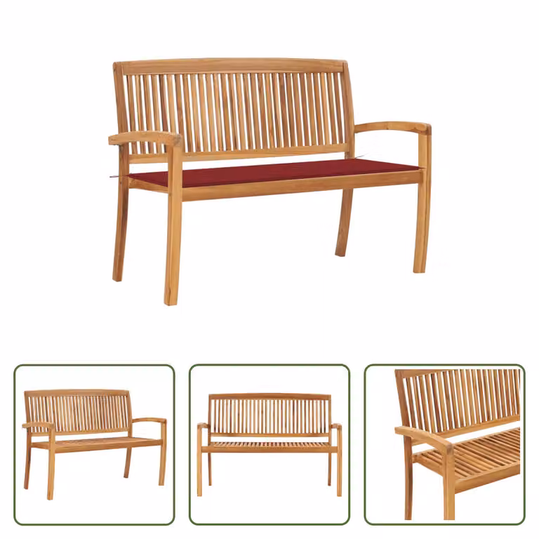 The Living Store Panca da giardino impilabile con cuscino 128,5 cm in teak massiccio
