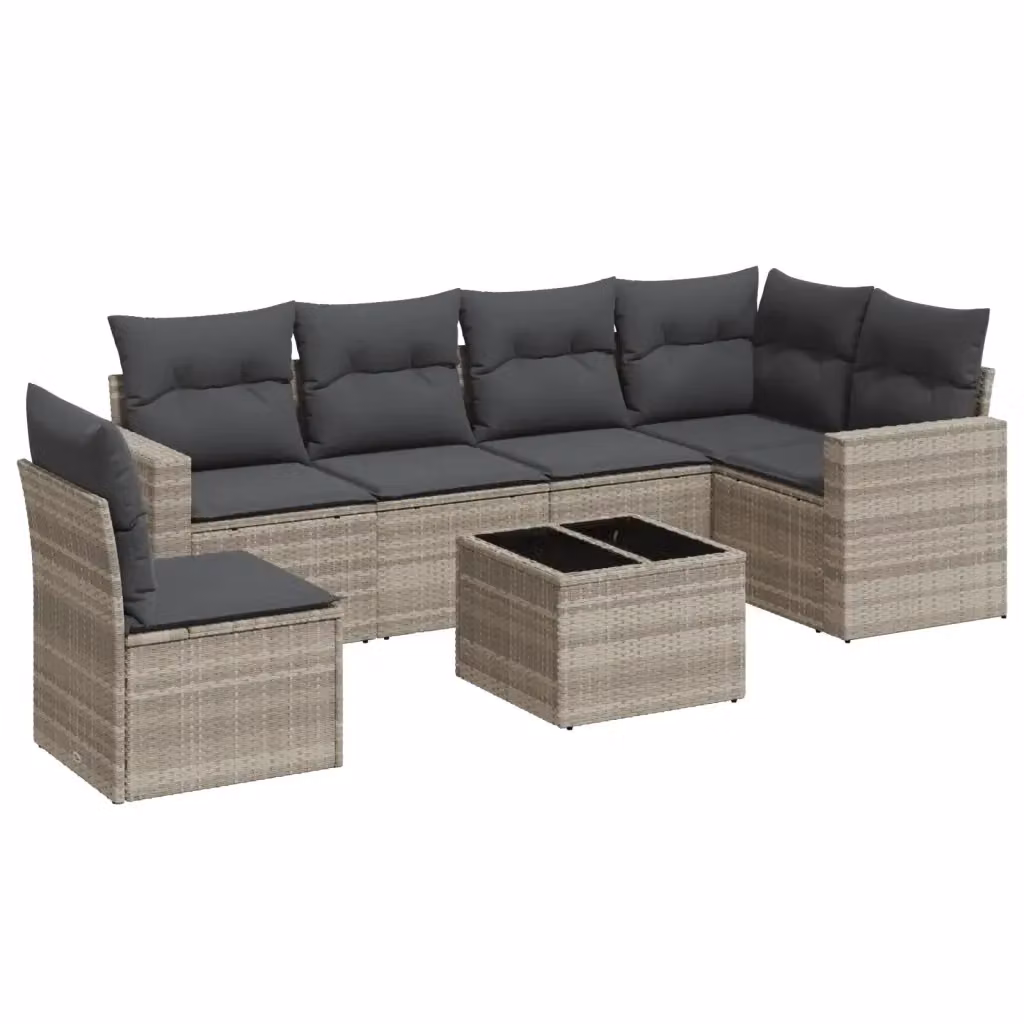 vidaXL Set Divani da Giardino a L 7pz con Tavolino in Vetro e Cuscini Grigio Chiaro – 2