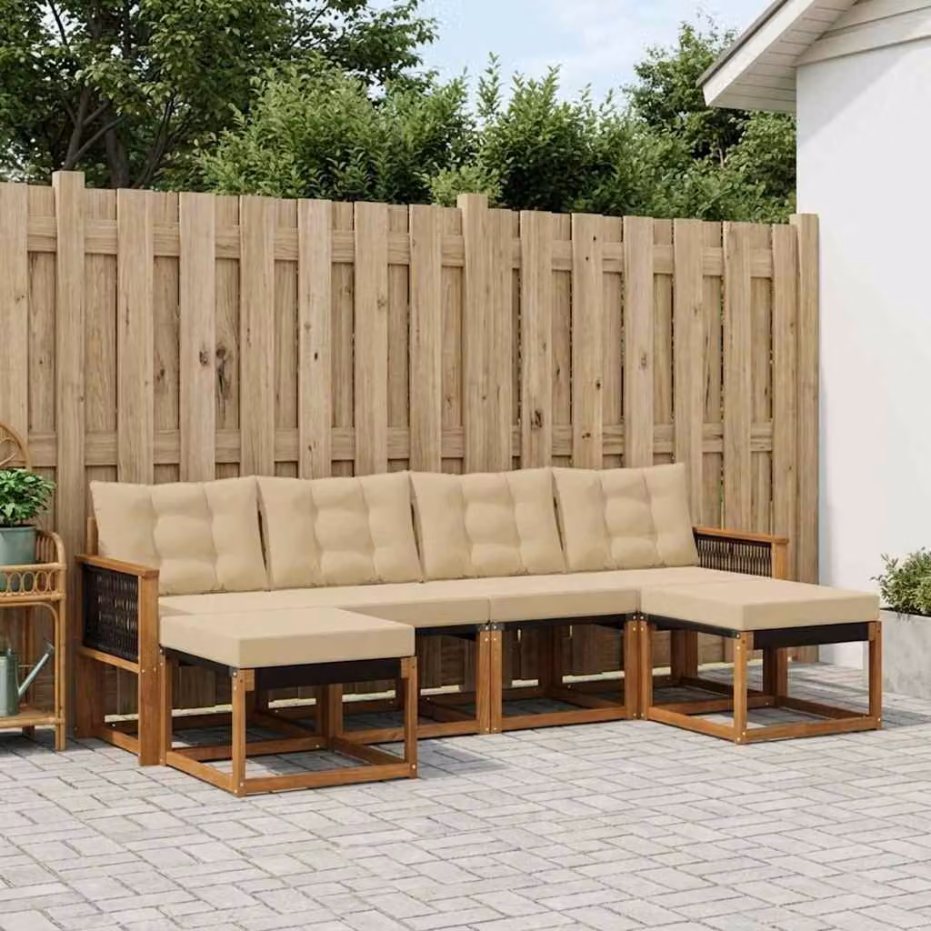 Set di divani da esterno vidaXL 6 pz a forma di L in legno di acacia con cuscini beige e marrone