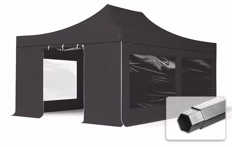 TOOLPORT 4x6m gazebo pieghevole PVC con laterali (panoramiche), PROFESSIONAL alluminio, nero