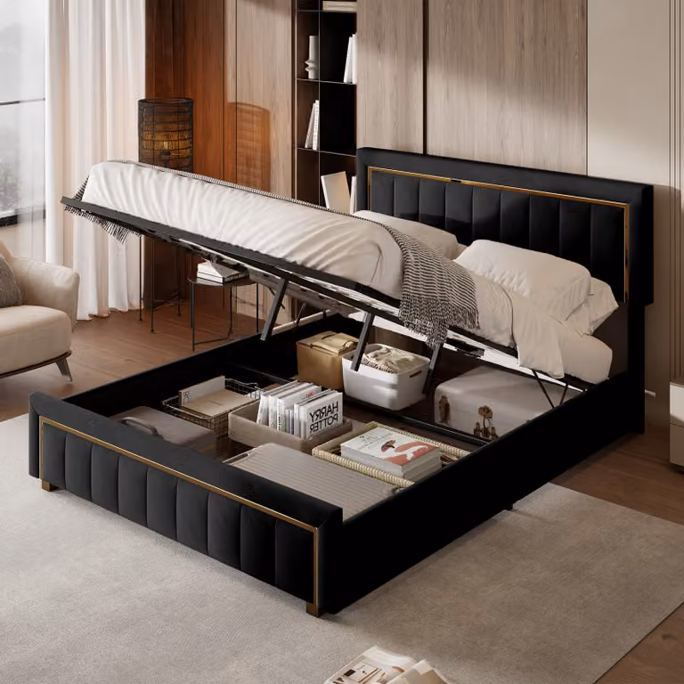 CDGlobal letto imbottito 140x200cm, letto a molle insacchettate letto matrimoniale con contenitore e rete a doghe, letto contenitore idraulico letto per ragazzi letto funzionale, biancheria, nero