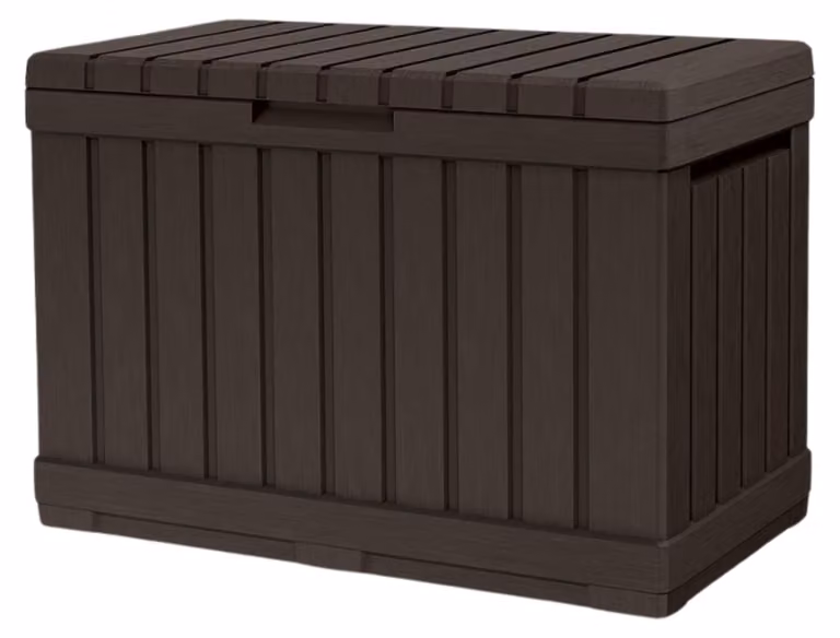 Keter Cassetta portaoggetti da giardino KENTWOOD 190L, colore marrone – Contenitore resistente alle intemperie con aspetto in legno e chiusura a molla
