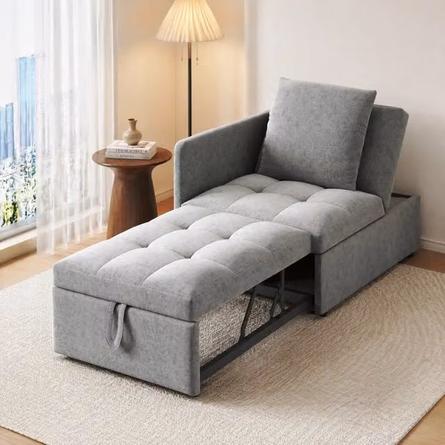 Divano letto 3 in 1 con schienale regolabile a 5 posizioni; tessuto di lino; grigio
