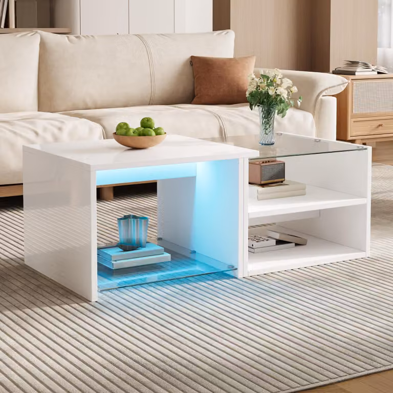 Tavolino da salotto Merax con finitura lucida e design a gradoni, tavolino da divano con illuminazione a LED, piano in vetro e vani a giorno, realizzato in pannello di particelle di legno, colore bianco