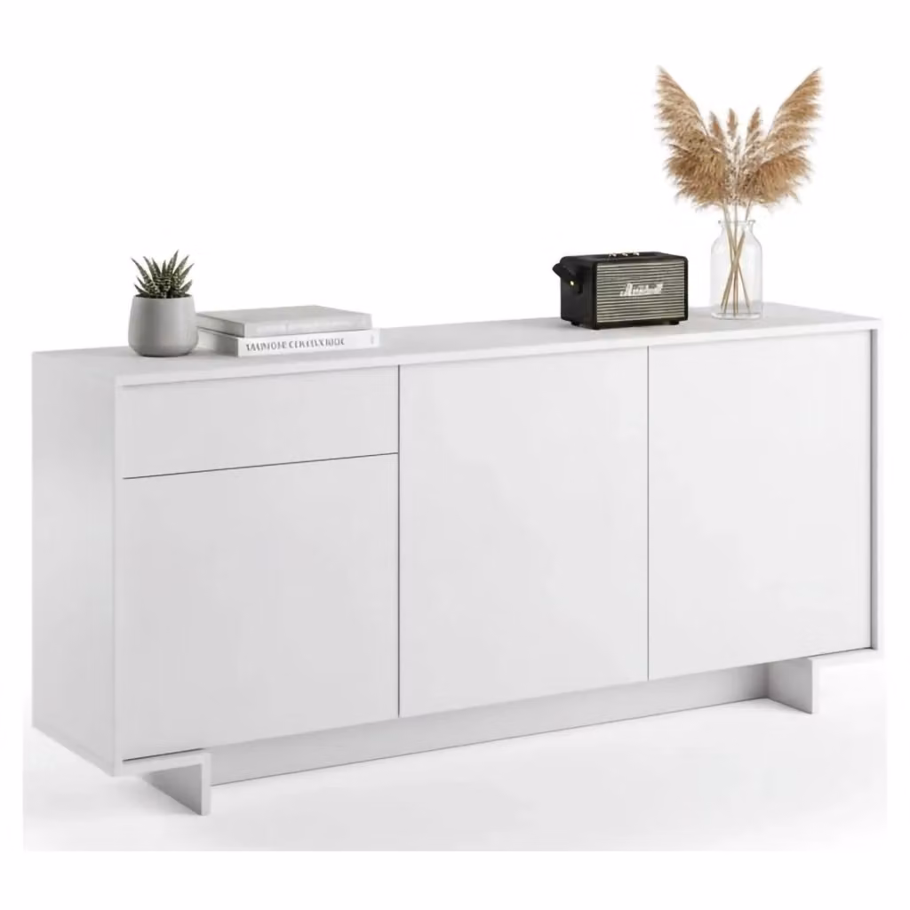 Credenza Aronne DMORA, Madia e Buffet da soggiorno con 3 ante e 1 cassetto, Bianco, L: 170 cm, P: 42 cm, H: 78 cm – 2