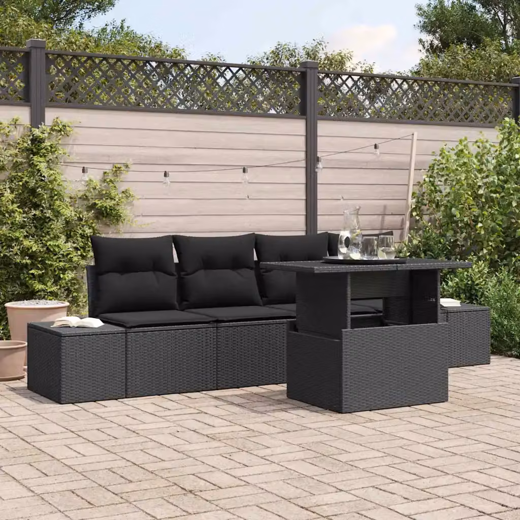 Set Divano da Giardino vidaXL 5 Pezzi in Acciaio Verniciato Nero con Cuscini e Tavolino – 1