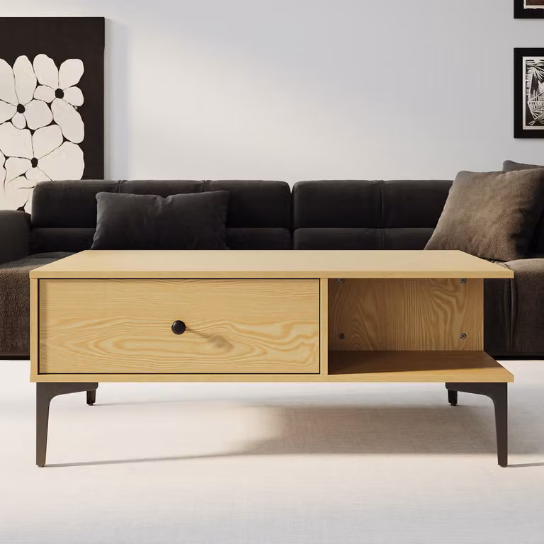 SONNI tavolino, tavoli da salotto, tavolo da salotto100 x 55 x 40 cm tavolini in legno con mobile a 2 cassetti, colore legno
