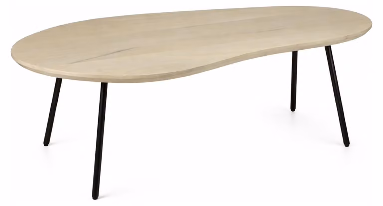 Tavolino da salotto WOHNLING, forma a "reno", in legno massello di mango, finitura bianca, 122 cm. Tavolino da salotto in legno, ideale come tavolino da divano o tavolino ausiliario. Struttura in metallo. Design retrò, realizzato a mano