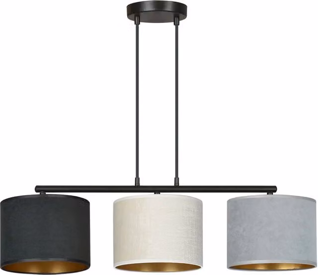 Lampadario a sospensione Vinayaka Luceart-Classic con 3 luci in acciaio nero e paralumi in tessuto multicolore beige, grigio e oro – 1