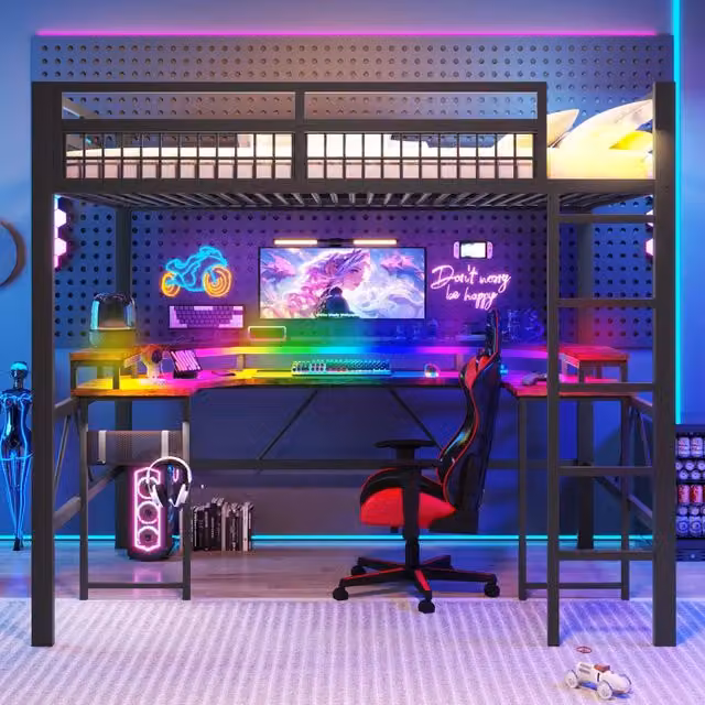 Letto a soppalco matrimoniale Chicfurn nero con scrivania, illuminazione LED regolabile e porte di ricarica USB e Type-C, L/P/H: 204 x 140 x 180,5 cm