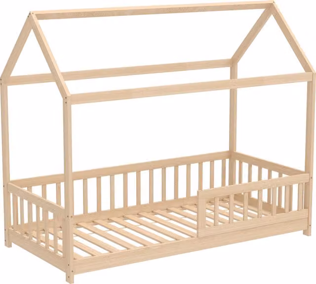Struttura Letto per Bambini a Forma di Casetta HOMCOM in Legno di Pino, Colore Legno Naturale con Doghe e Recinzione – 1