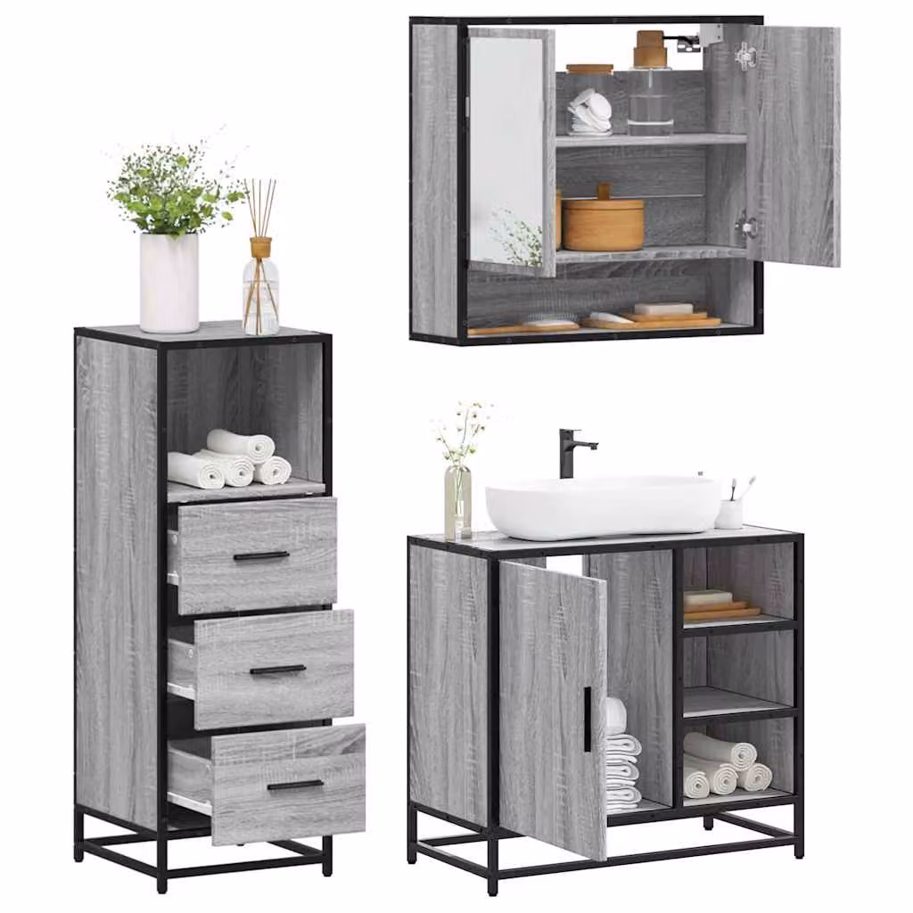 Set Mobili da Bagno Industrial vidaXL 3 Pezzi Grigio in Legno e Metallo con Armadietto Specchiato e Mobile Lavabo