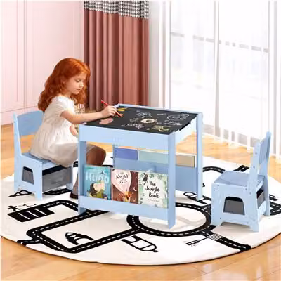 Set tavolo e sedie per bambini Costway con piano reversibile e contenitore, Blu