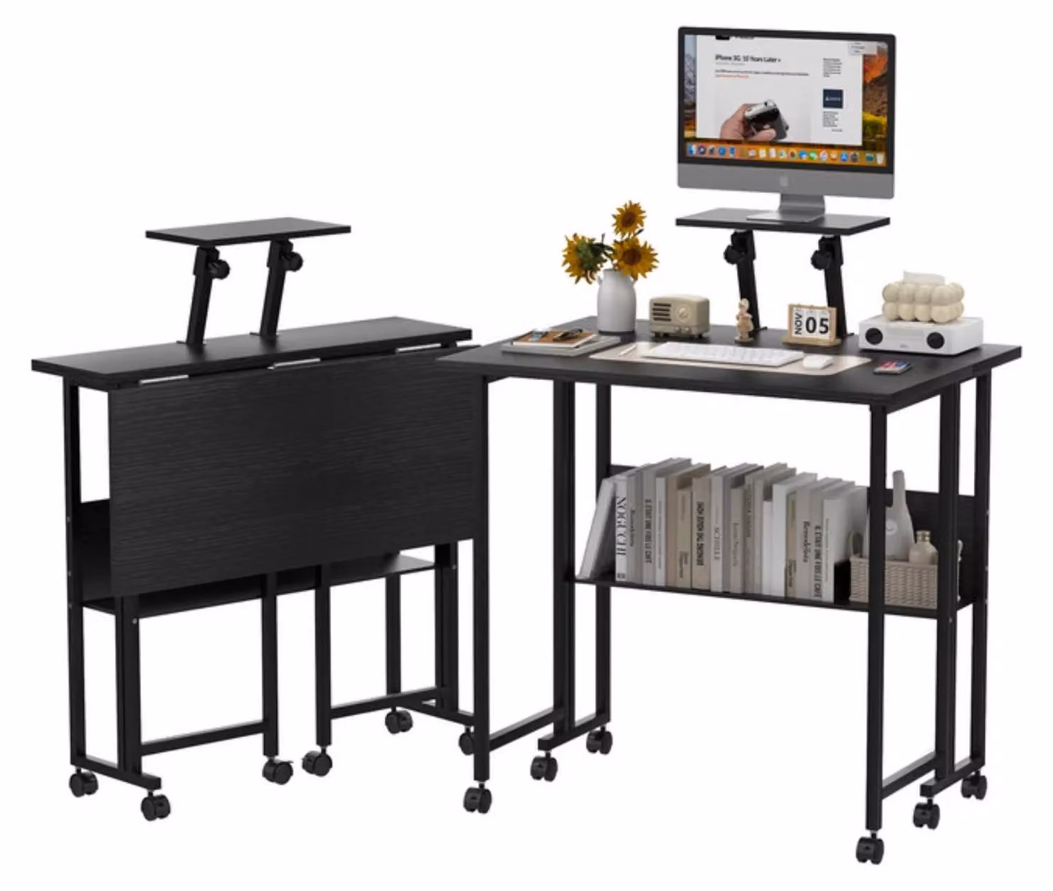 Scrivania pieghevole - Scrivania per computer con rotelle - Compatta e mobile - Con spazio contenitivo - Con cassetto estraibile per la tastiera - Ideale per piccoli spazi - Colore: nero