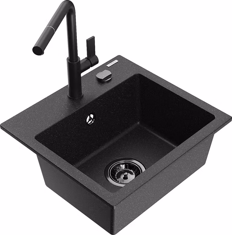 Mexen Milo lavello in granito a 1 vasca con rubinetto da cucina Flora, nero/argento metallizzato - 6505-73-670401-70-B