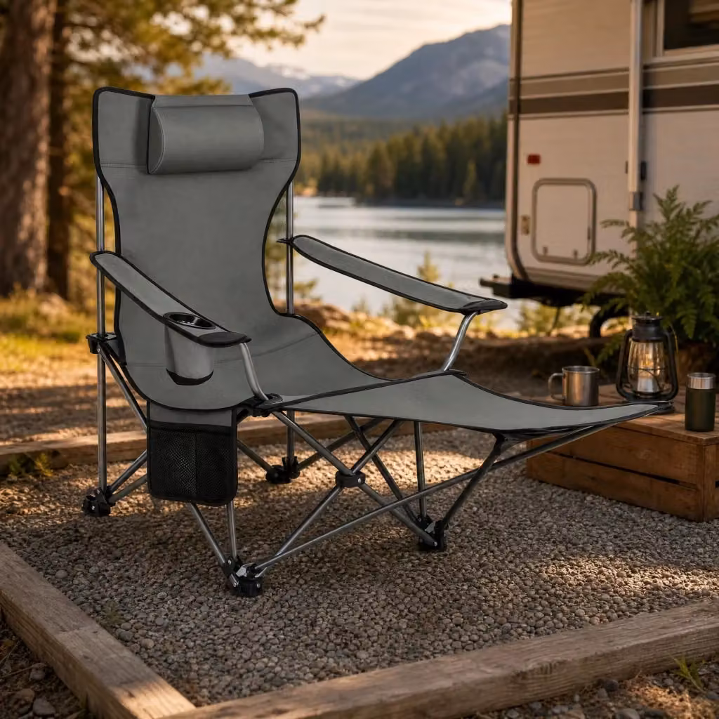 Sedia da campeggio pieghevole reclinabile MODFU con poggiapiedi e braccioli in tessuto Oxford grigio L/P/H: 115 x 84 x 88,5 cm – 2