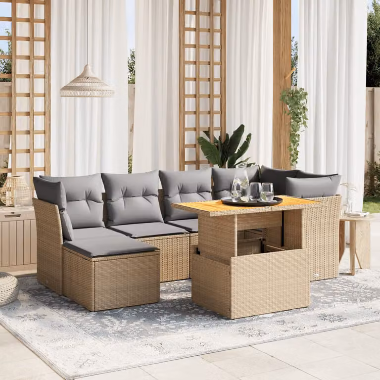 Set di Divani da Giardino vidaXL 7 Pezzi con Cuscini Beige e Tavolino, Design Moderno in Polyrattan e Acciaio con Sedute Imbottite e Coperture Rimovibili