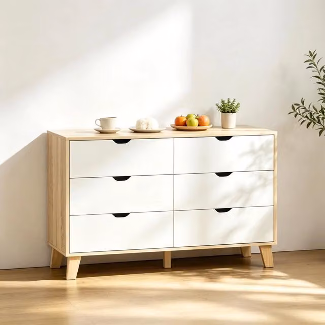 Cassettiera con 6 cassetti e piano superiore con gambe in pino bianco e rovere 120 × 40 × 76 cm