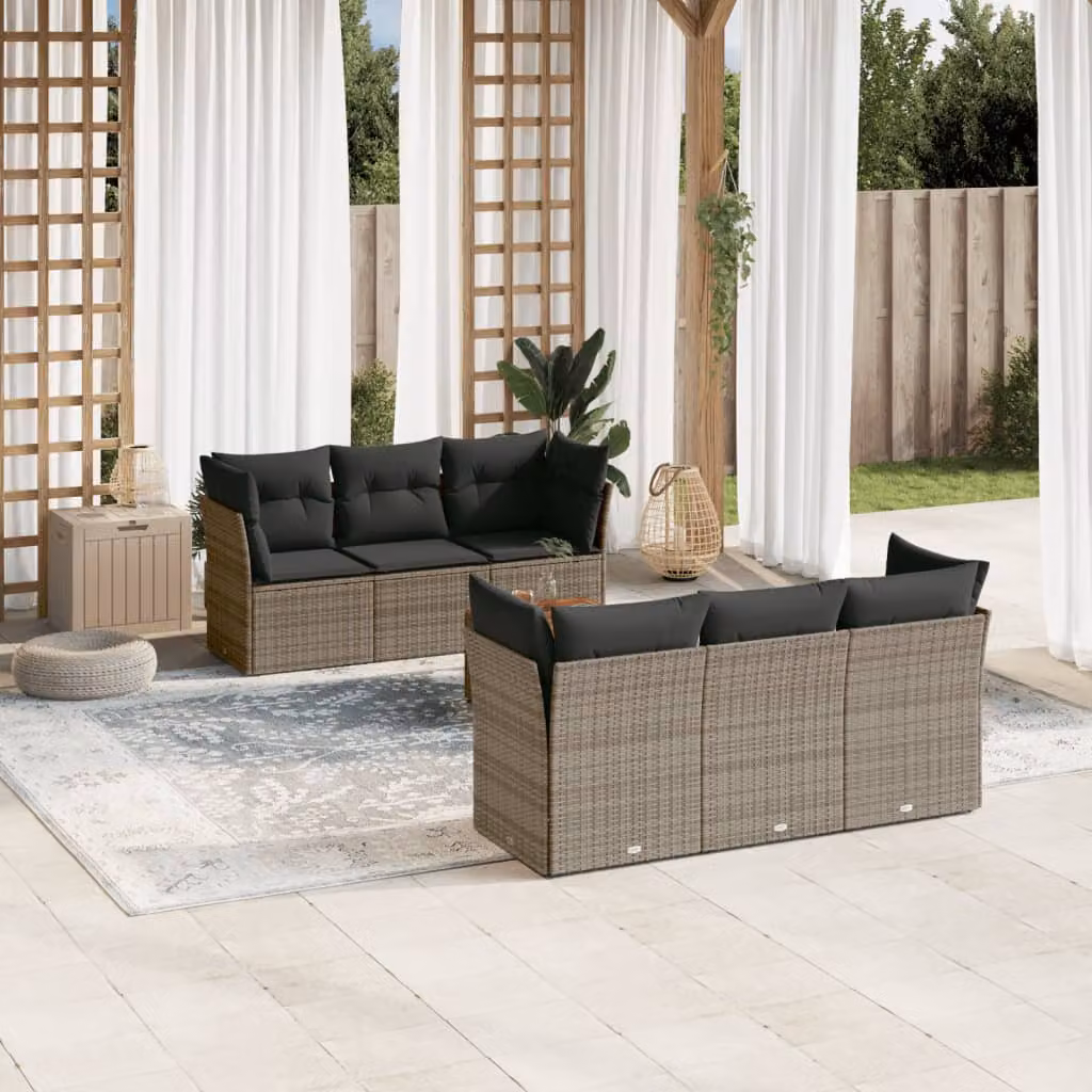 vidaXL Set Divani da Giardino 7 pz in Polyrattan con Cuscini e Tavolino da Esterno, Design Moderno a L, Grigio e Marrone – 1
