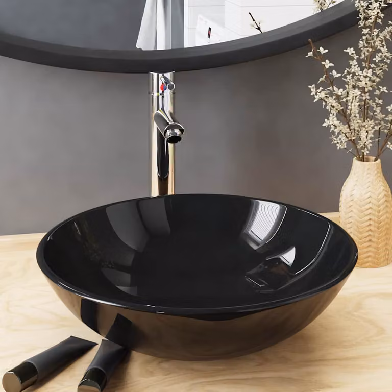 Lavandino da bagno vidaXL in vetro temperato nero con rubinetto e piletta, L/P/H: 42 x 42 x 13 cm