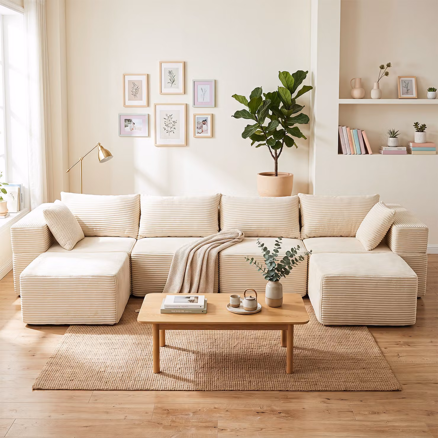Divano letto angolare modulare Costway a forma di L con 2 pouf, 6 cuscini e tasche laterali, modello moderno beige a righe per il tuo soggiorno