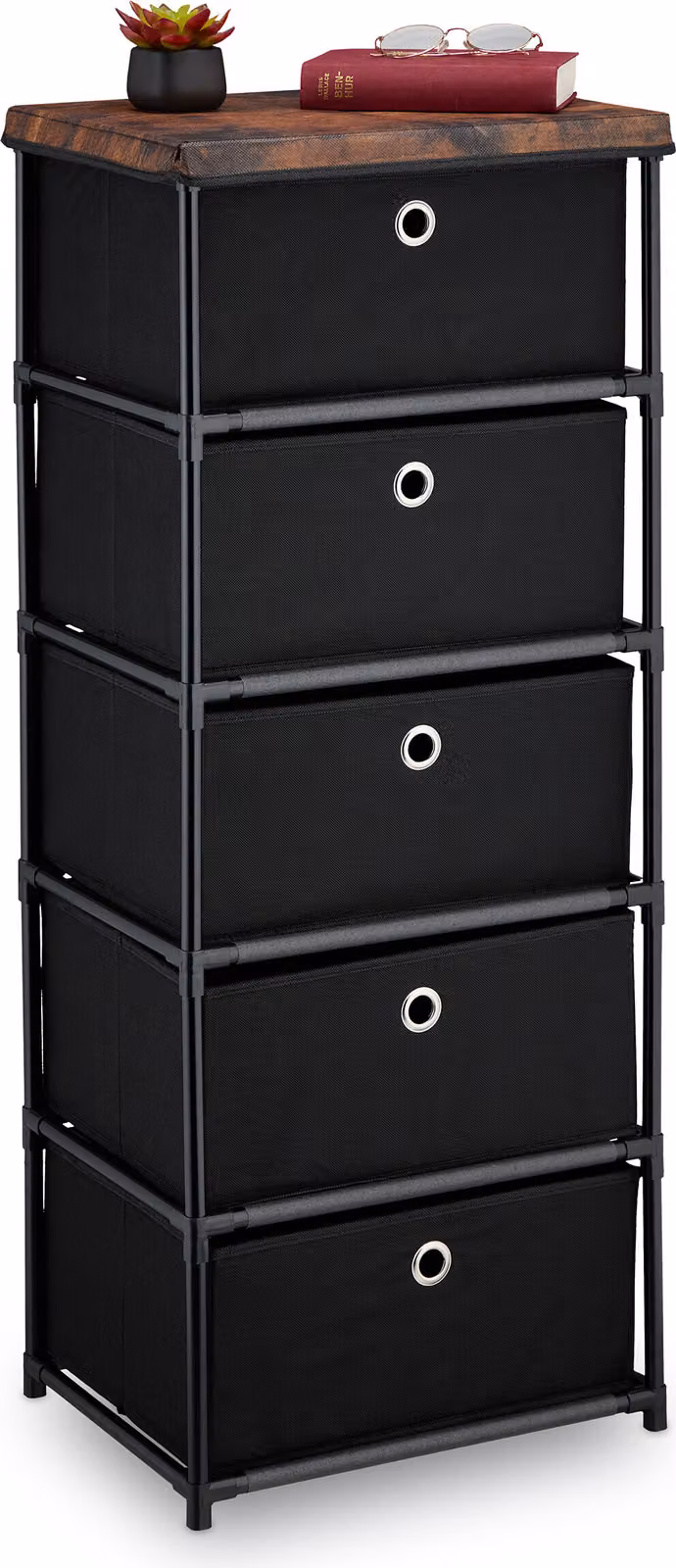 Comodino Relaxdays, 5 cassetti in tessuto, metallo, effetto legno, 105x43x33 cm, soggiorno, ingresso, comodino, nero/marrone