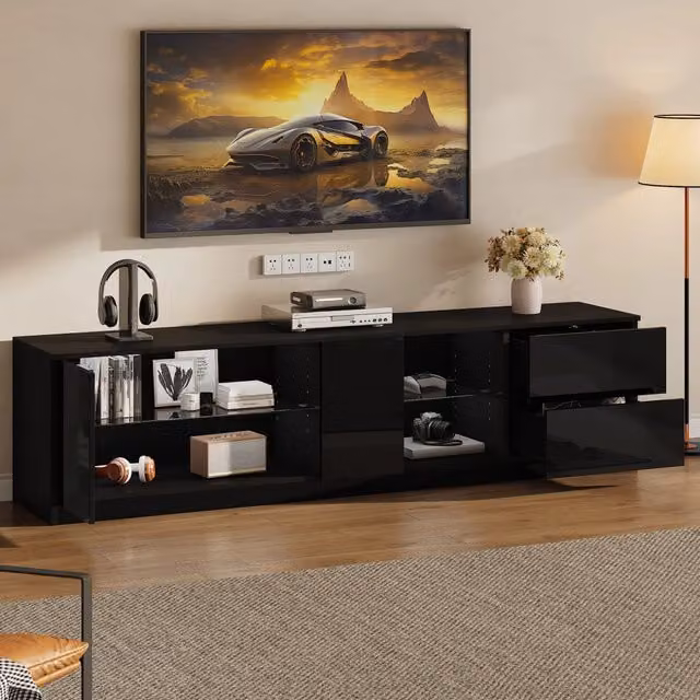 Mobile TV moderno WISHDOR in MDF nero lucido con illuminazione LED, 2 cassetti e vano in vetro temperato per TV fino a 65 pollici, L/P/H: 160 x 40 x 52 cm
