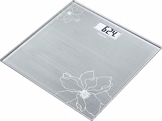 Bilancia da bagno Beurer GS 10 in vetro trasparente e bianco con effetto glitter, portata fino a 180 kg