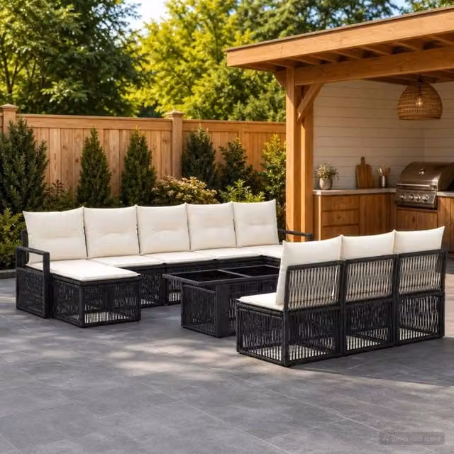 Set Divano da Giardino Moderno vidaXL in Polyrattan Nero e Bianco Crema con 11 Pezzi e Cuscini Inclusi