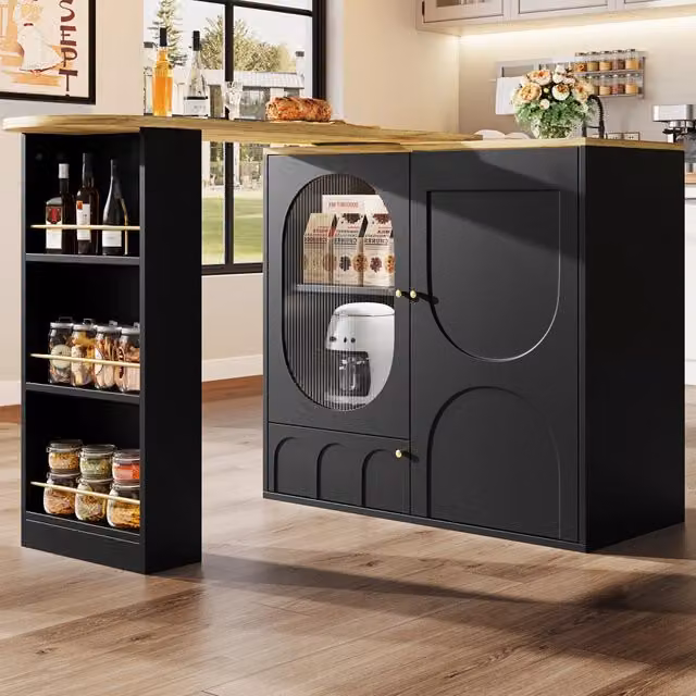 Isola da cucina con tavolo girevole a 360 gradi 3 ante e ripiani estraibili in MDF e metallo nera 138 × 39 × 105 cm