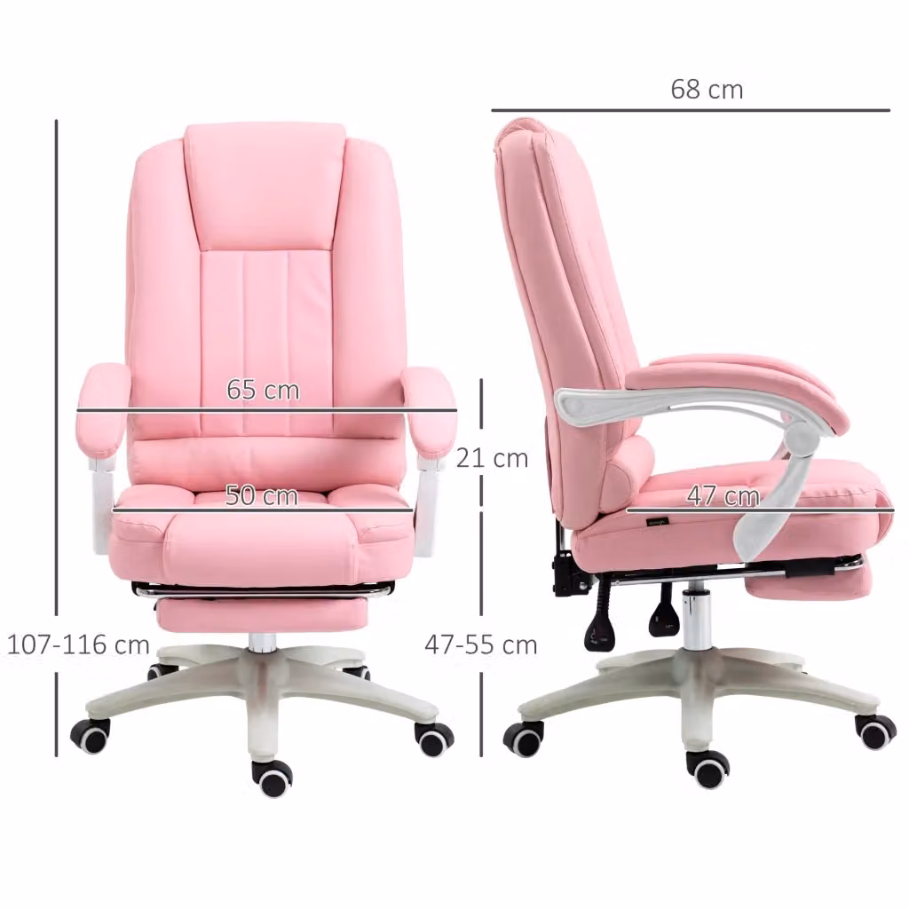 Sedia da ufficio ergonomica WISHDOR in ecopelle rosa con braccioli, ruote e poggiapiedi, design moderno per home office – 2