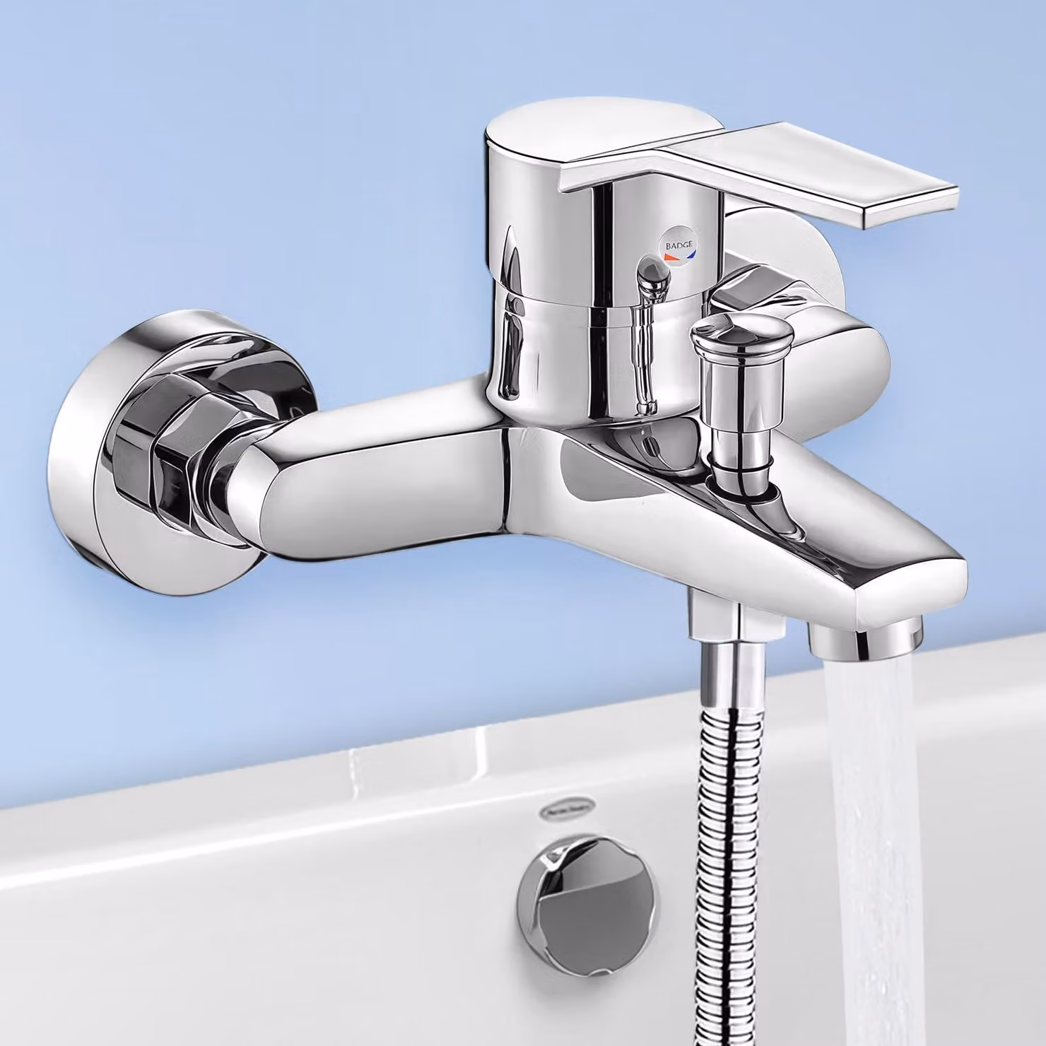 Miscelatore per vasca da bagno, da montare a parete, monocomando, in ottone cromato, con 2 bocchette di uscita dell'acqua, attacco G1/2, per