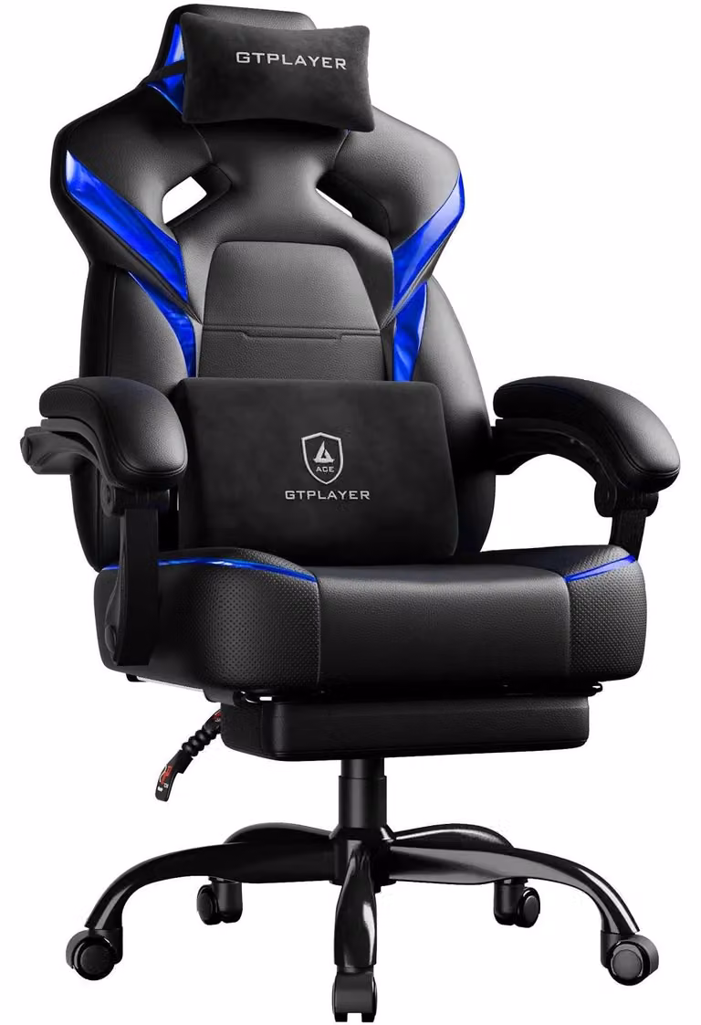 Sedia da gaming - Sedia da ufficio - Con poggiapiedi - Ergonomica - Portata massima di 200 kg - Braccioli regolabili - Cuscini per la testa e la zona lombare - Girevole - Blu