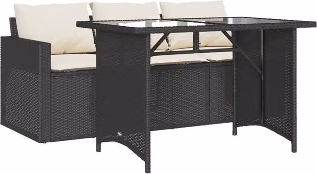 Set da Pranzo da Giardino 2 Pezzi in Polyrattan Nero con Piano in Vetro e Cuscini Bianchi