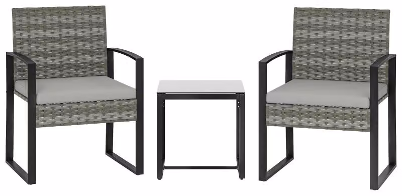 Set di mobili da giardino Moonbite per 2 persone, set da bistrot composto da 3 elementi: due poltrone in rattan imbottito e un tavolino, resistente agli agenti atmosferici, con cuscini removibili, realizzato in acciaio, colore grigio chiaro
