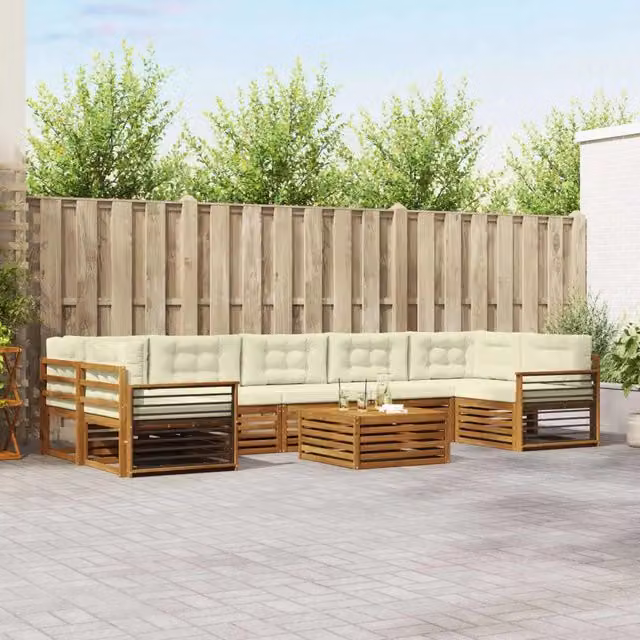 Set di divani da esterno a L vidaXL in legno di acacia con cuscini beige e bianco, composto da 8 pezzi con tavolino da caffè incluso