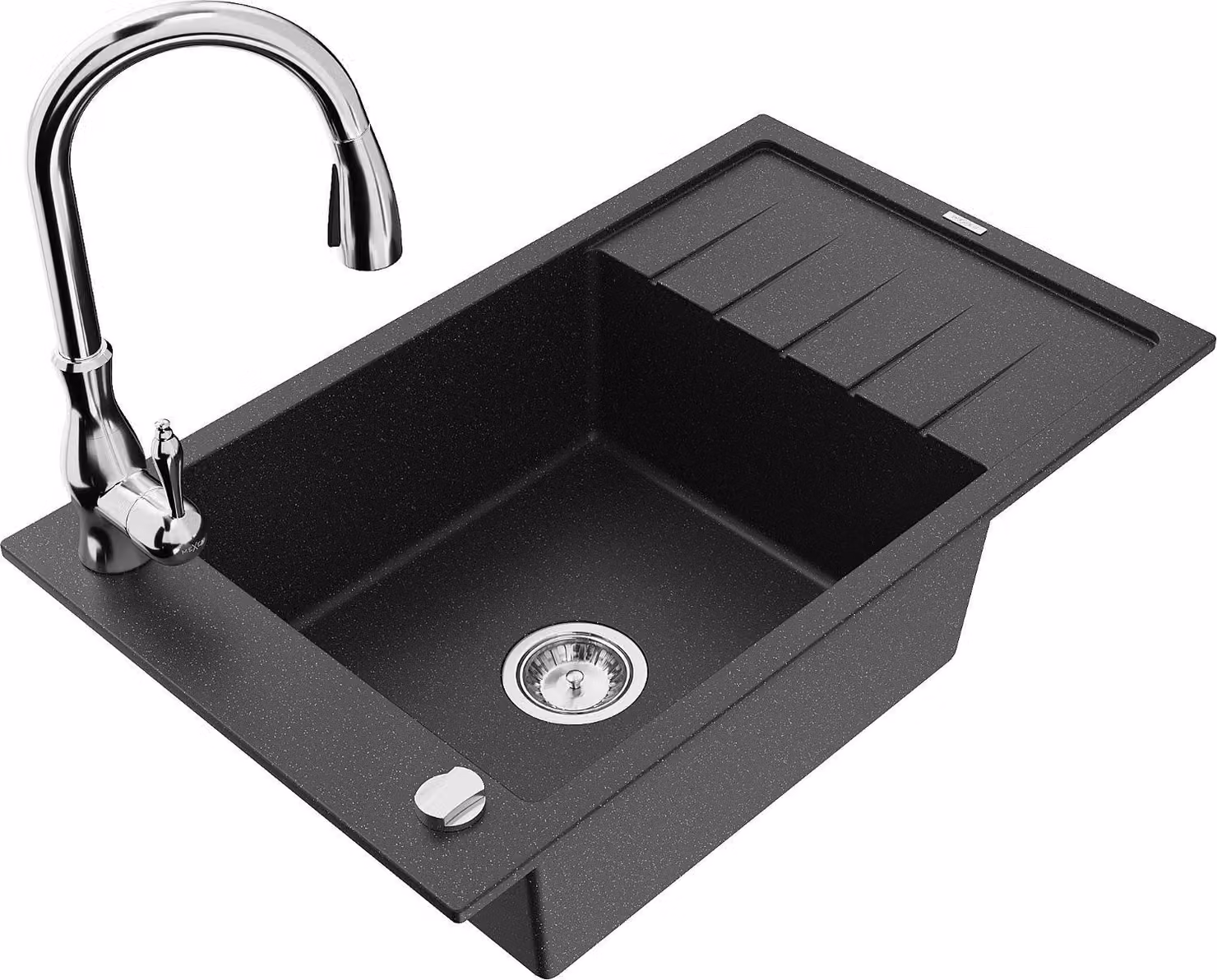 Mexen Elias lavello in granito a 1 vasca con scolapiatti e rubinetto da cucina Savita, nero/argento metallizzato