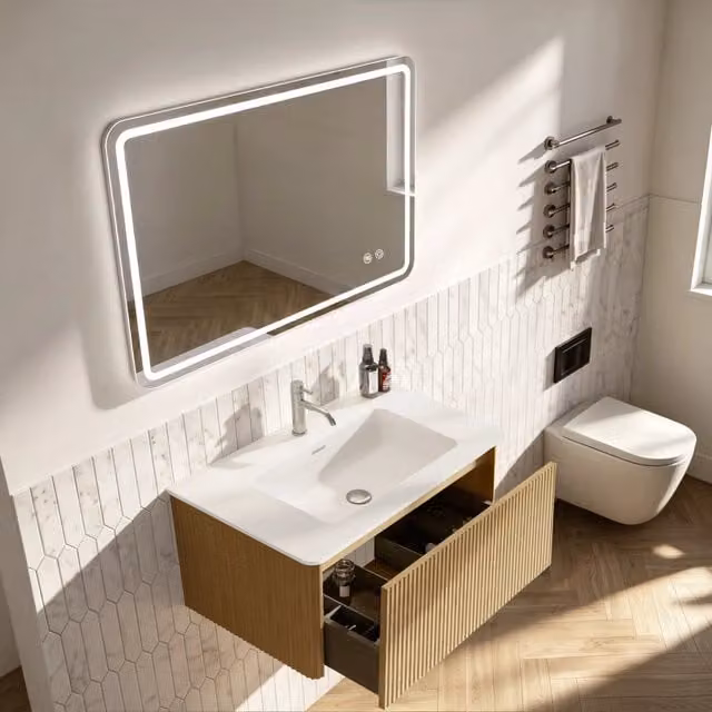 Mobile bagno sospeso da 60 cm in rovere chiaro con lavabo in ceramica e due ante