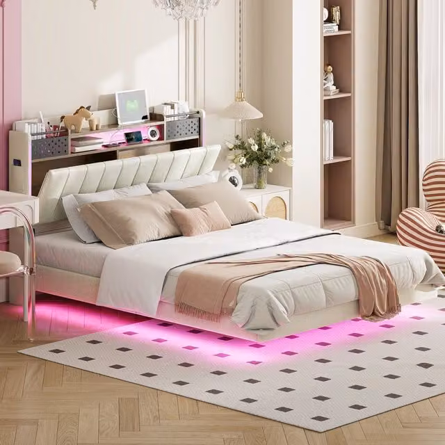 Letto matrimoniale imbottito ULEVR 140x200 cm con LED, USB e testiera contenitore, tessuto di lino beige