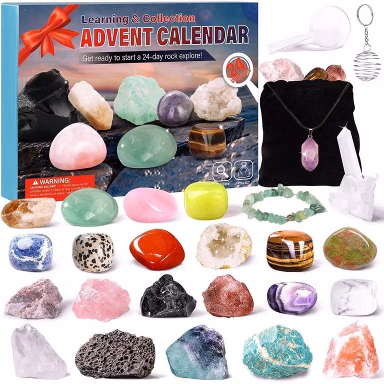 Calendario dell'Avvento 2024 a tema cristalli e minerali, ideale per bambini, appassionati di geologia, un regalo perfetto per i ragazzi
