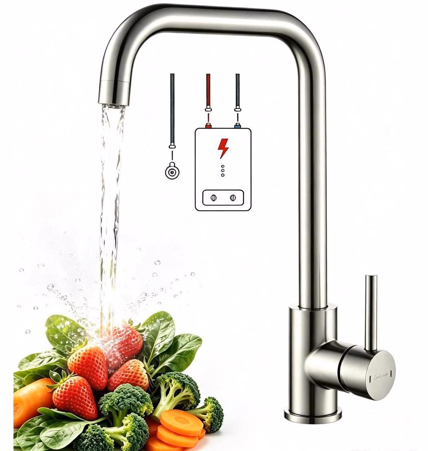 Rubinetto da cucina a bassa pressione, girevole a 360°, in acciaio inossidabile spazzolato
