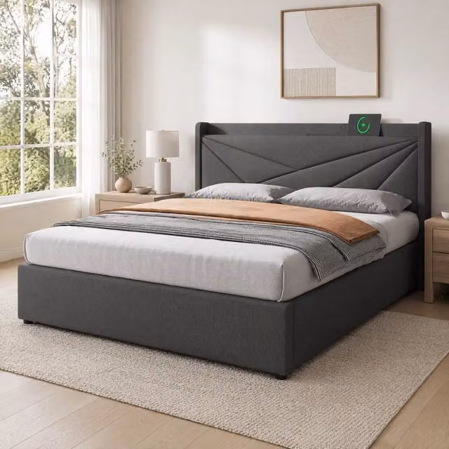 Letto matrimoniale con contenitore 160x200 cm; testiera con USB e Type-C; grigio