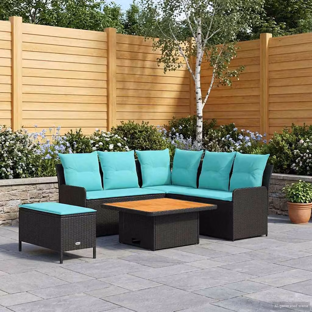 Set di mobili da giardino vidaXL 5 pezzi in rattan con cuscini nero e turchese