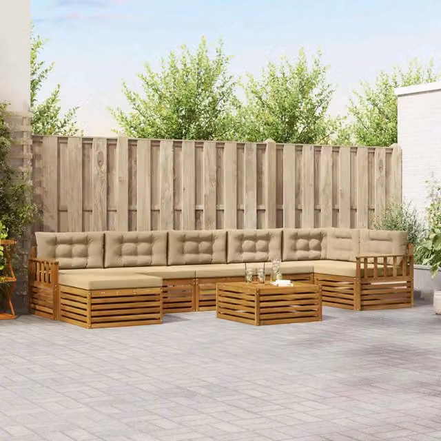 Set di divani da esterno vidaXL a forma di L composto da 8 pezzi in legno di acacia con cuscini inclusi, colore beige e marrone