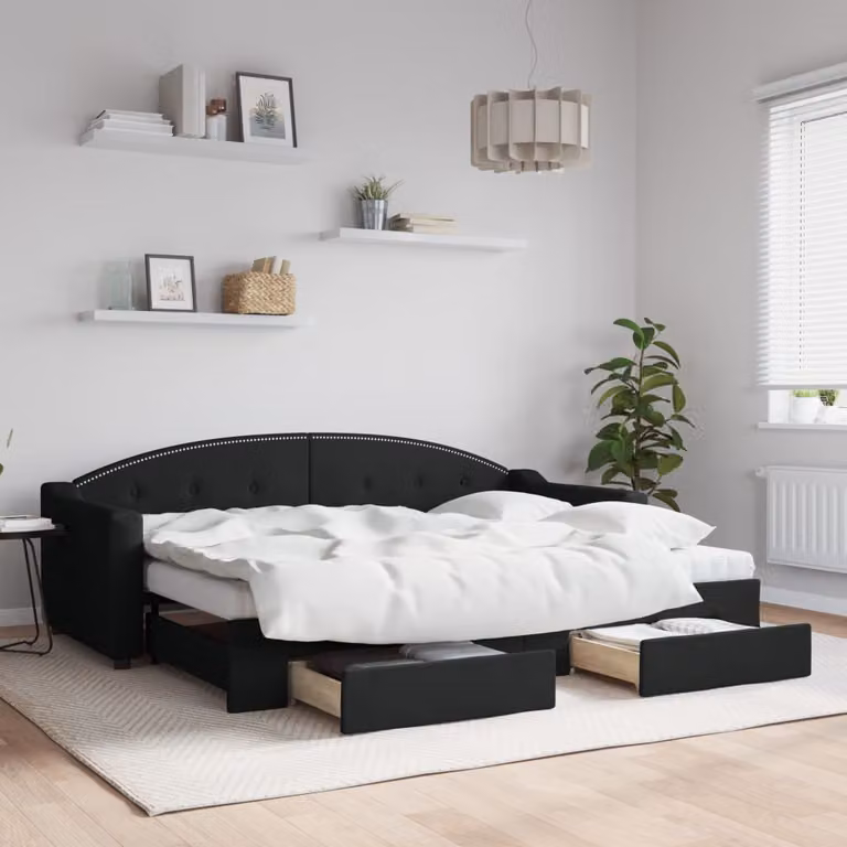 vidaXL Divano Letto Estraibile con Cassetti in Tessuto Nero L/P/H: 223 x 80 x 90 cm