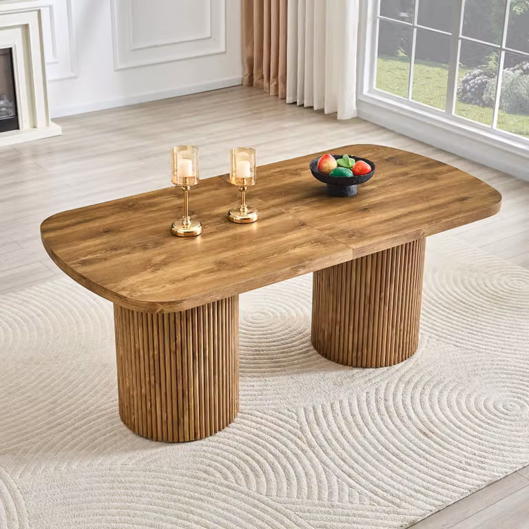 MODFU Tavolo da pranzo con struttura scanalata, tavolo da cucina con piano ovale e doppia base, per 6-8 persone, MDF, finitura legno