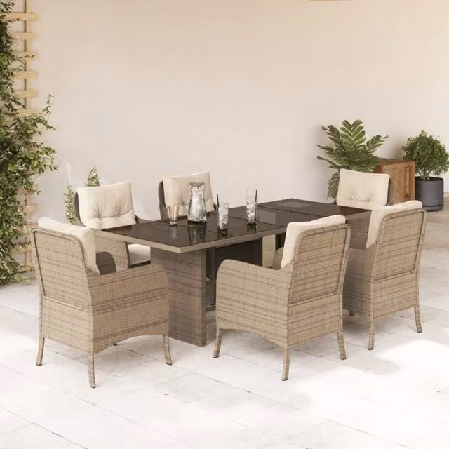 Set da pranzo da giardino vidaXL in polyrattan con cuscini beige e tavolo in vetro, 7 pezzi – 1